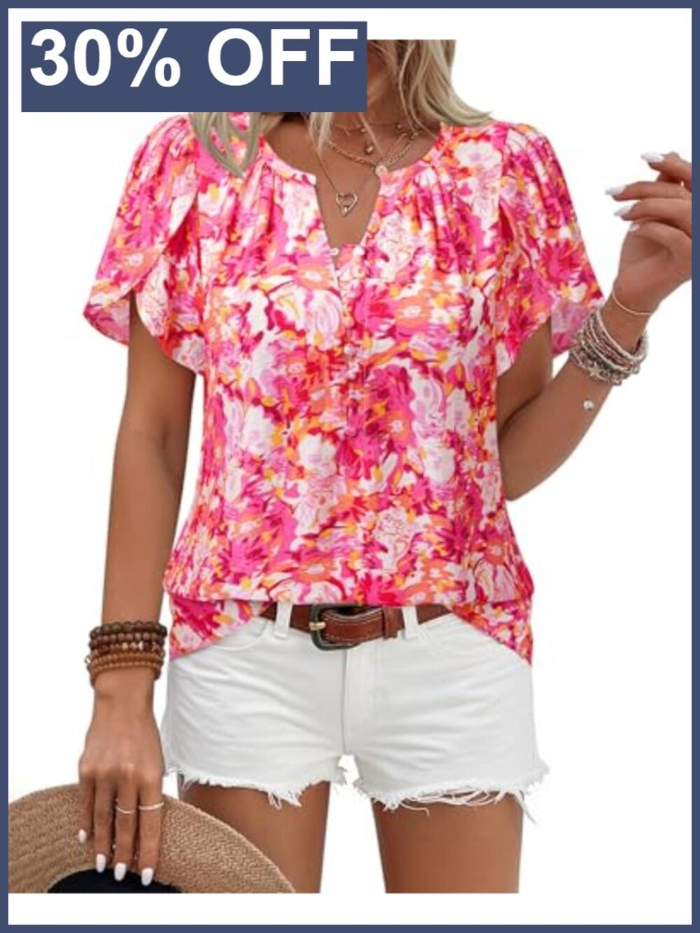 Womens Boho Peasant Top Short Sleeve Button Down Floral Blouse